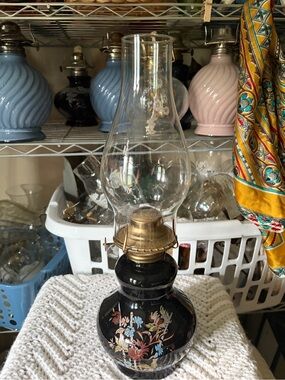 Vintage Kadaan Black Floral Oil Lamp with Chimney